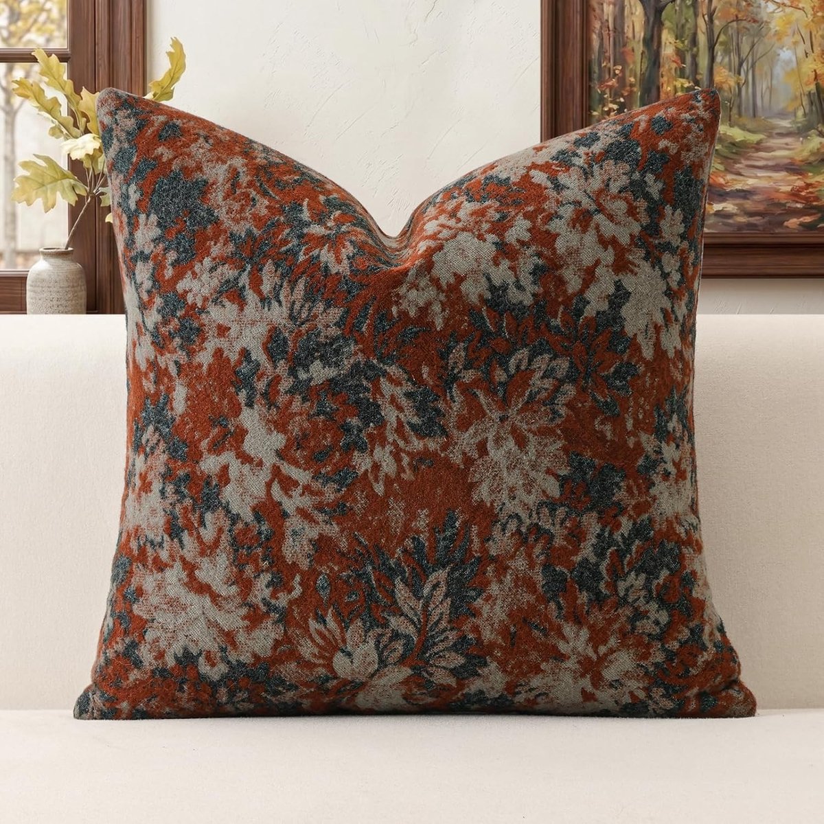 Chenille Soft Pillowcase 50 x 50 cm Vintage Floral Patroon Decoratieve Kussenhoezen voor Sofa en Slaapkamer, Rood Kussen met Luxe Afwerking
