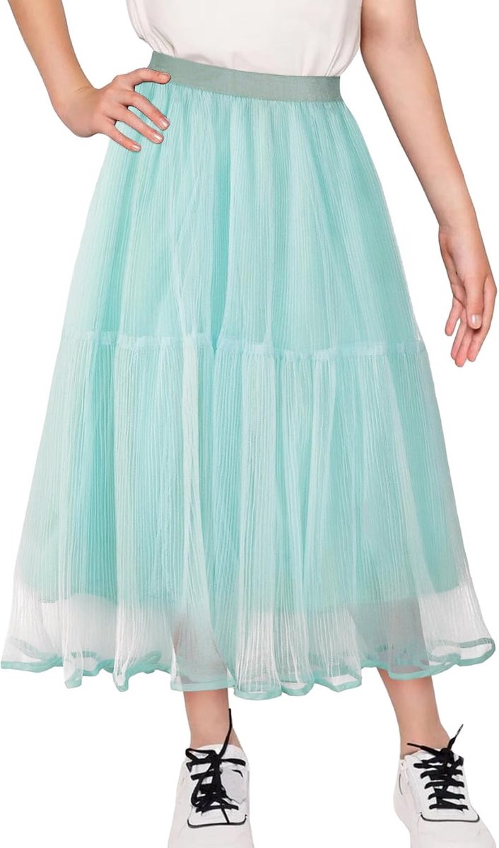 Lange rok voor meisjes, halve tule rok, tutu, hoge taille, A-lijn, vlinderrok, plooirok, tweelaags, casual, lange prinsessenrok, 4-12 jaar