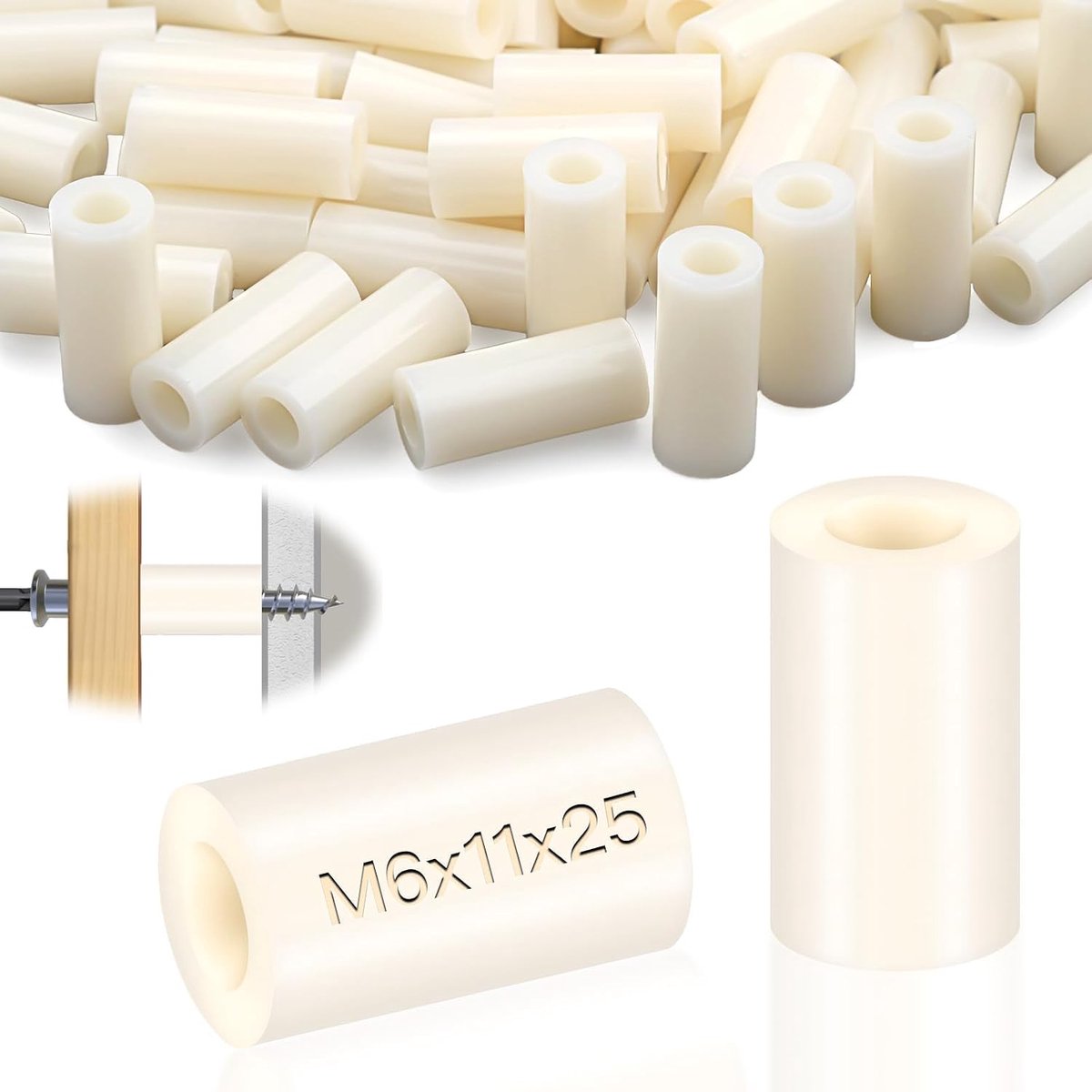 Kunststof afstandshulzen M6 ronde afstandhouders 100 stuks ABS afstandsschijven nylon onderlegringen 11x25 mm isolatie bijlegringen wit voor elektrische afstandhouders schroeven