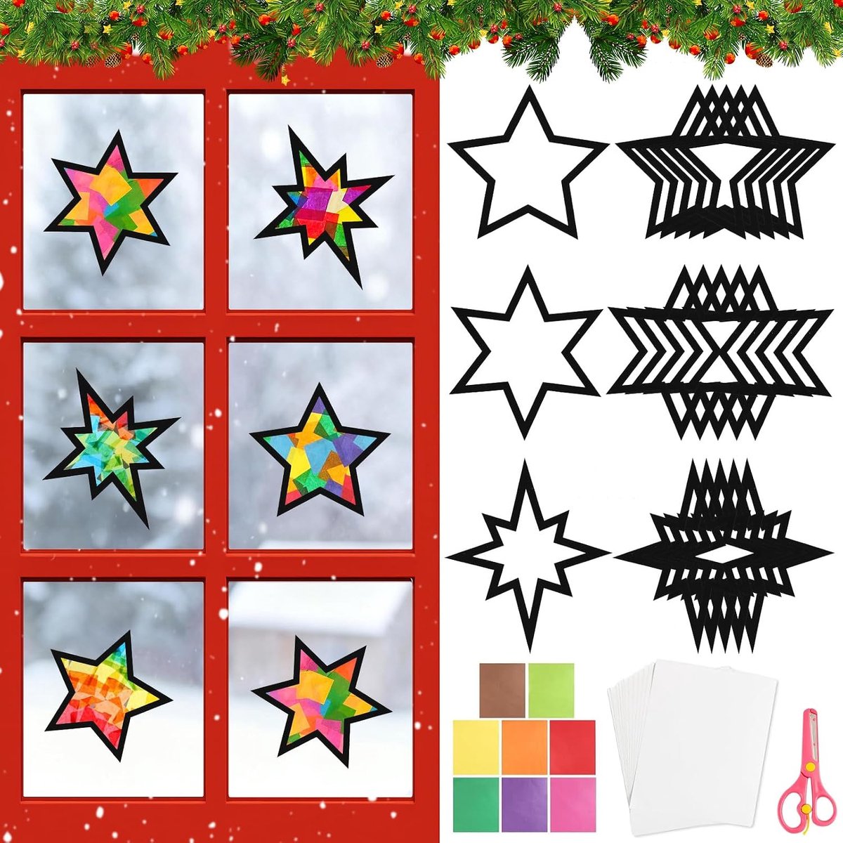 Kerstambachten voor kinderen, knutselset raamfoto's kerst ster kerstdecoratie binnen raam, sterren kerst raamfoto winter om te knutselen voor kinderen advent oud en nieuw DIY sjablonen