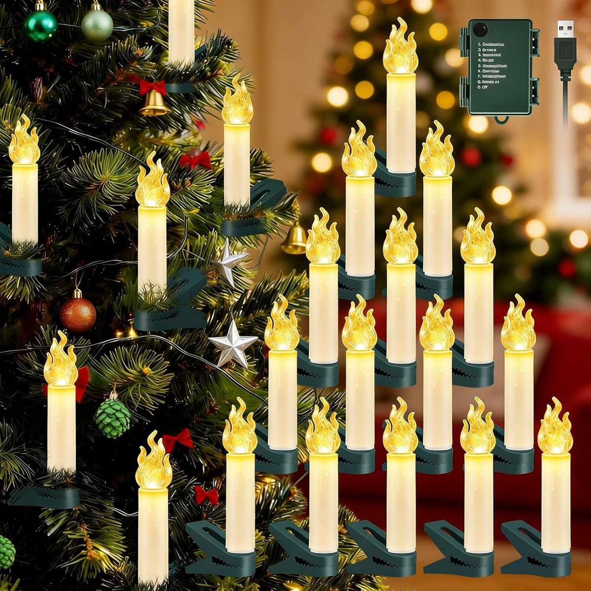 Lichtsnoer met 30 ledkaarsen, kerstverlichting met timer, 8 modi, USB + batterijvoeding, vlamloze kerstkaarsen met clip, kerstverlichting voor kerstboom