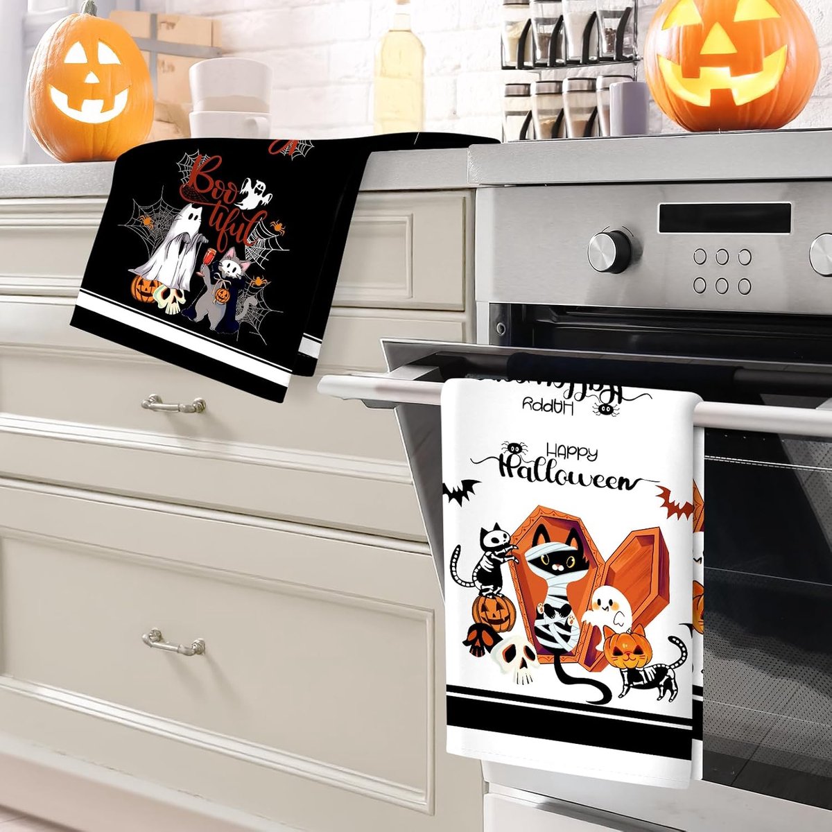 Boo Pumpkin Cat theedoeken, katoenen keukendoek, 48 × 70 cm, sneldrogende vaatdoek voor feest, jubileum, vakantie, decoratie, housewarming geschenken