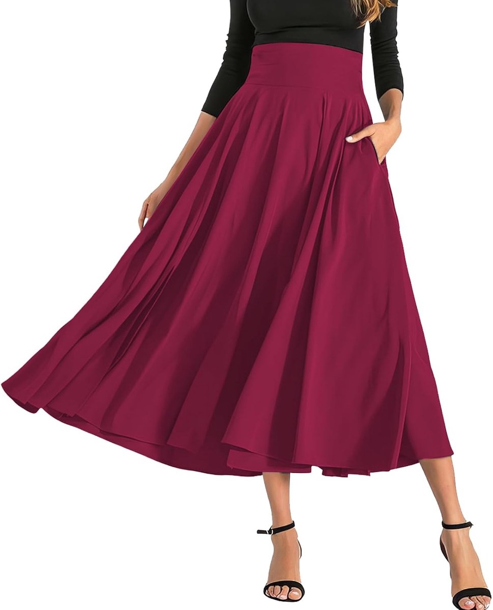 Plooirok voor dames, lange rok met hoge taille met strikplooien en split, eenvoudige retro rok, vloeiende zijden trapeziumrok