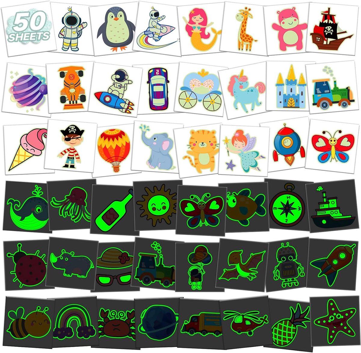 Kindertatoeages voor jongens en meisjes, 50 vellen tatoeages voor kinderen, huidvriendelijk, waterdicht, kinderverjaardag, eerste schooldag, cadeau, verjaardagsfeestje, decoratieve stickers