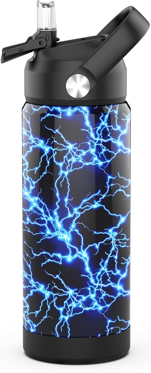 Waterfles Met Stro, 18 Oz Jongens Geïsoleerde Koppen Met Roestvrij Staal Lekbewijs Voor School, Sport&travel（Bliksem）