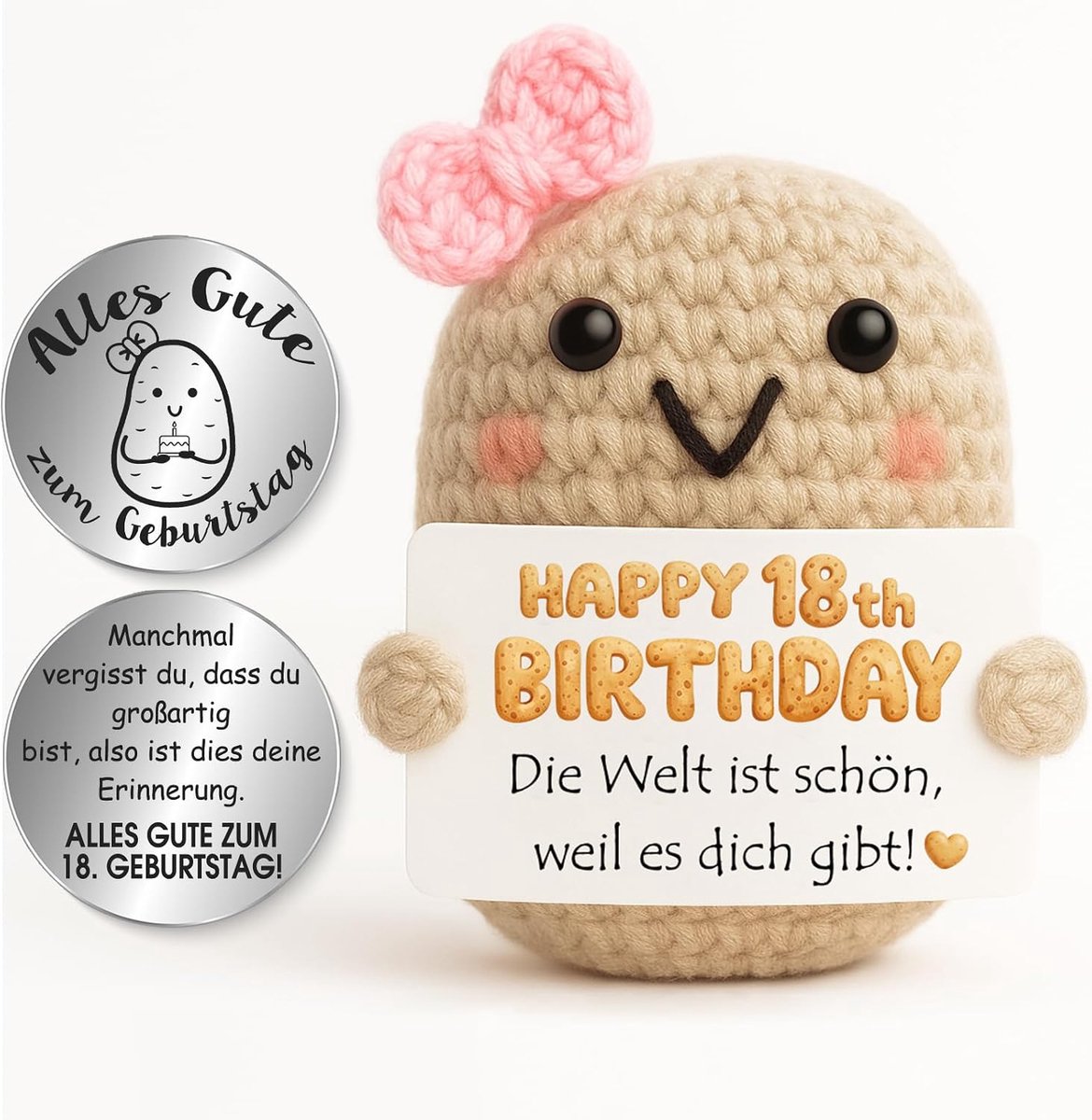 Pocket Hug Positieve aardappel roze figuur, handgemaakte breiwol, mini-aardappeldecoratiefiguur met geluksbrenger (zilver), voor vriendin, collega's en familie, 18