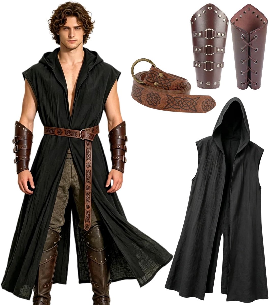 Kasahara Middeleeuws kostuum voor heren en dames, tuniek, mouwloos, capuchon, riem, bedrukt, armbanden, kostuum, Viking, ridder, tovenaar, Halloween, carnaval, uniseks, volwassenen