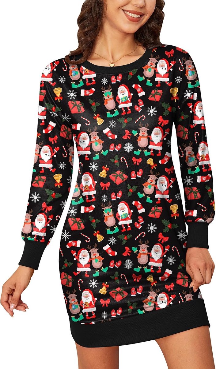 Kerstmis dames lange mouwen ronde hals midi-jurk S-XXL