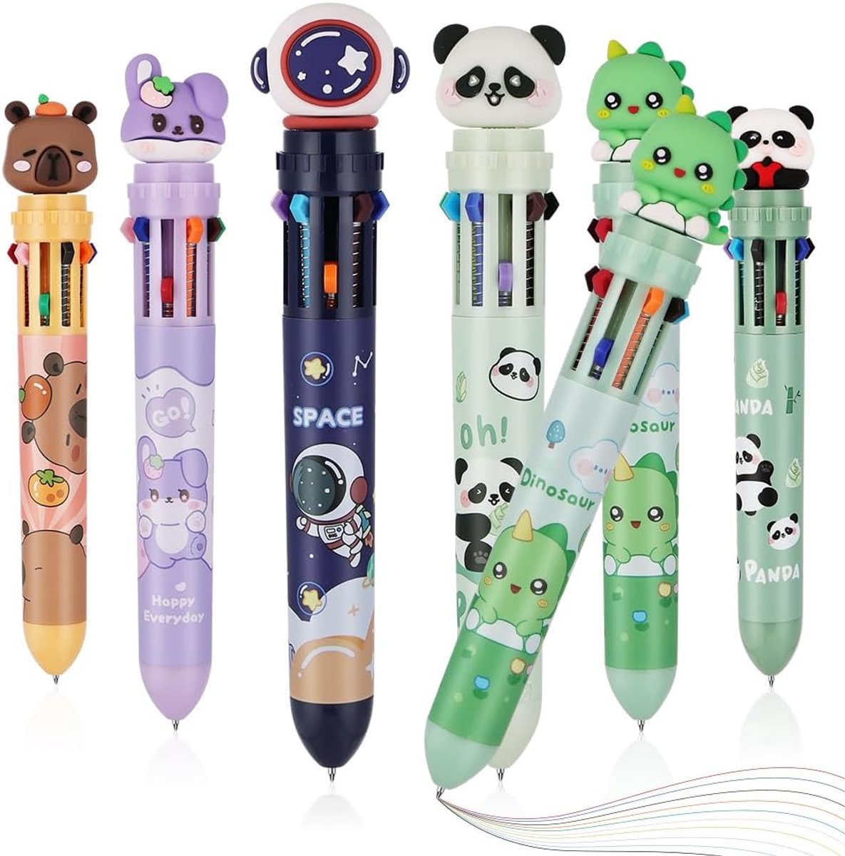Balpennen, 6 stuks, 10-in-1 schrijfpennen, comfortabel, intrekbaar, kawaii-pen, grappig, voor kantoor, cadeau voor studenten, schoolbenodigdheden, kantoor