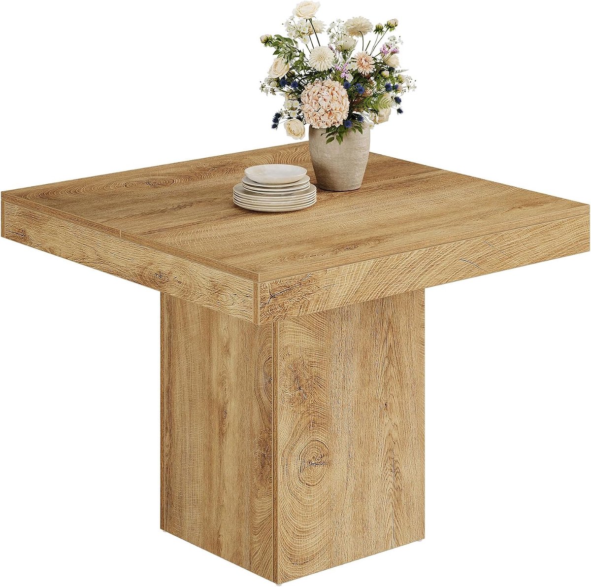 Vierkante eettafel voor 4, 100 cm boerderij, kleine keuken eettafel met stevige sokkel basis, houten eetkamer meubels voor thuis, eetkamer, woonkamer, keuken, natuurlijk