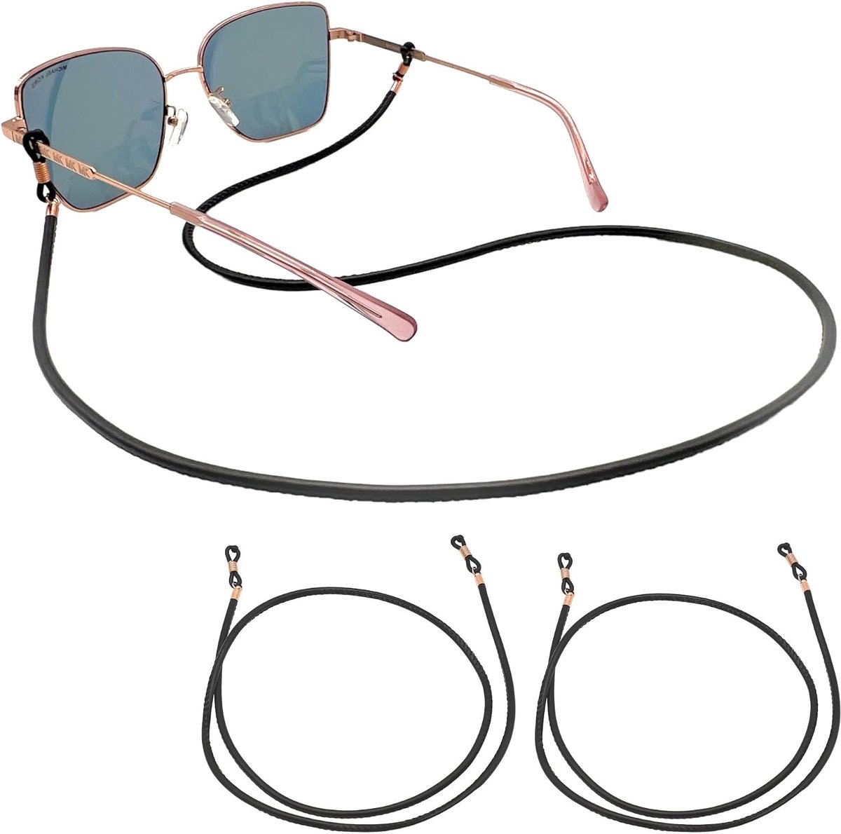 - Premium lederen brilband en brillenkoord – dubbelverpakking in zwart en roségoud houders – gladde lederlook, uniseks PU-brillenkoord voor leesbrillen en zonnebrillen, zwart,