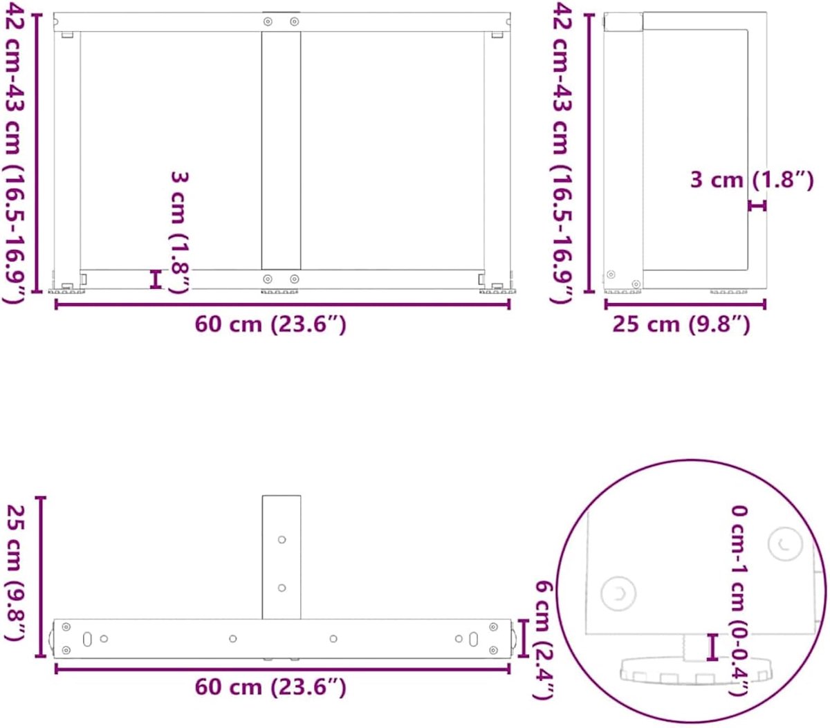 Poten T-vorm 2 STK. gepoedercoat staal, natuurlijk staal, 60 × 25 × (42-43) cm, incl. M5-schroeven, geschikt voor individuele salontafels