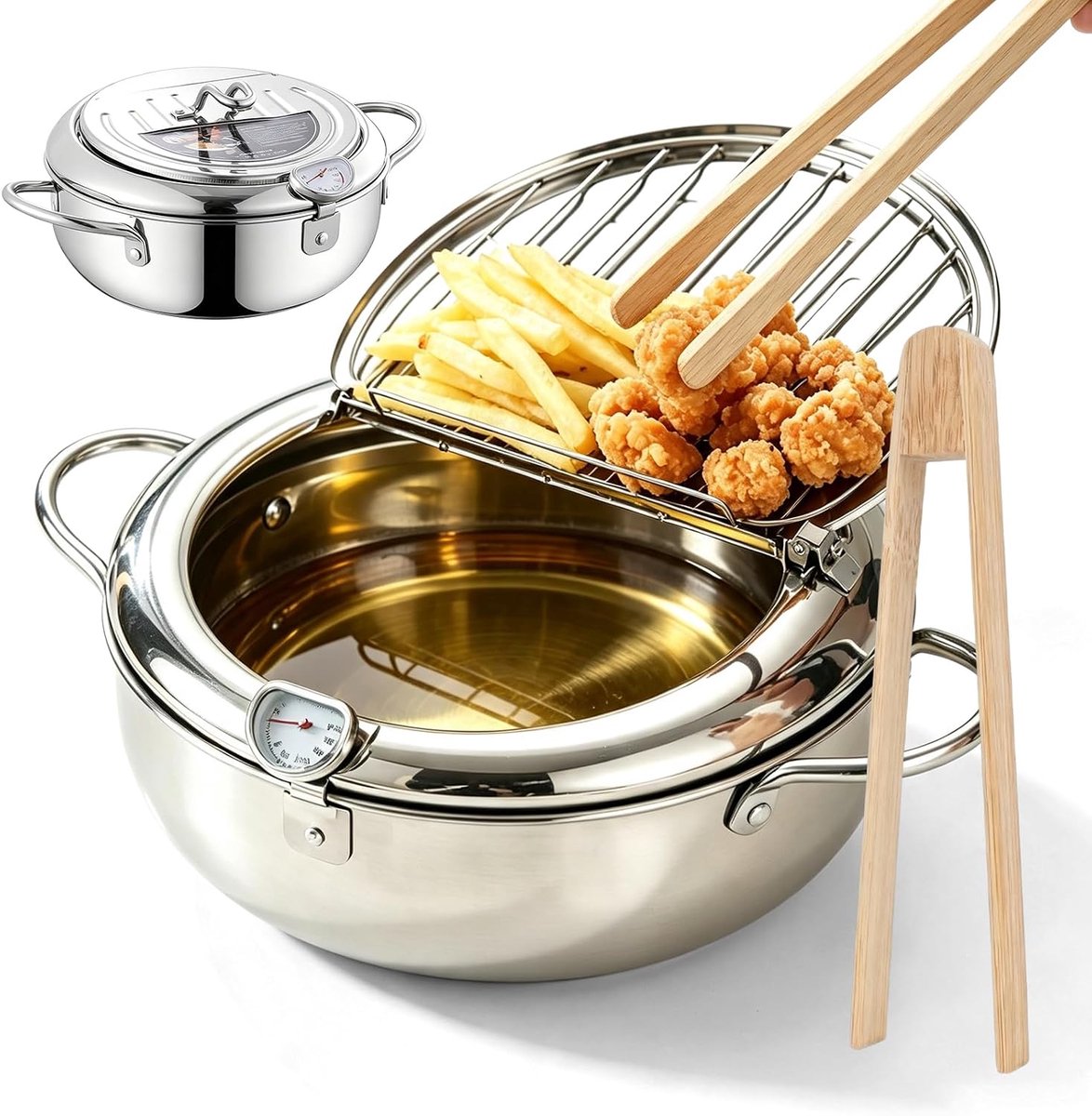 2,2L Japanse frituurpan: roestvrij staal friteuse pan met thermometer, Japanse Tempura friteuse pan met deksel en afdruiprek, frituurpan voor friet, kip, garnalen, vis, 20 cm