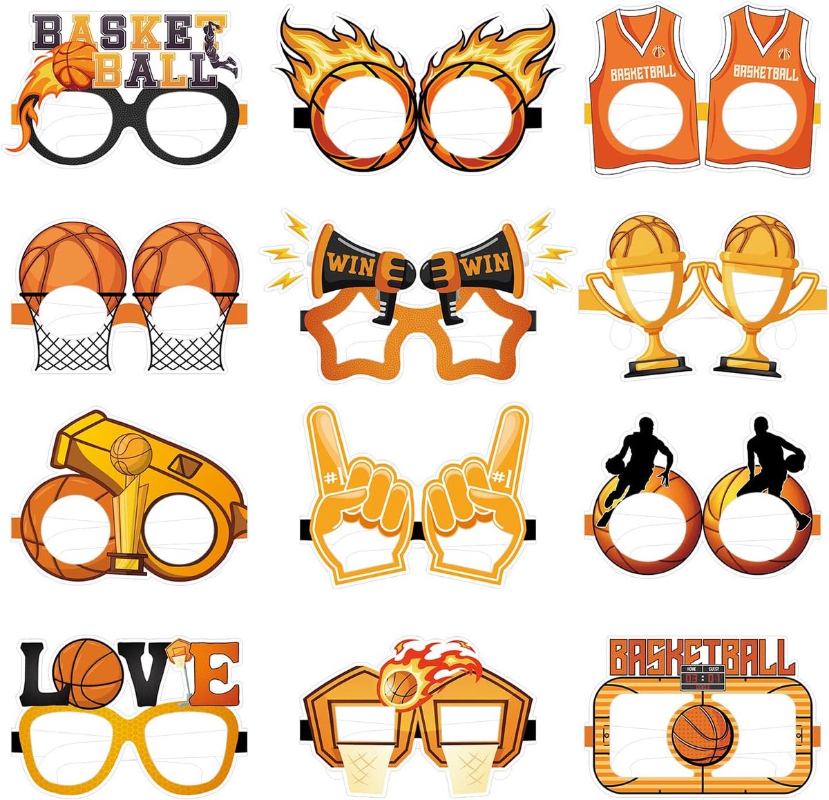 12 stuks basketbalbril, fotografie-voorwerpen, kinderfeestdecoratie, accessoires, bril, masker, sportthema's, leuke feestaccessoires, jongens en meisjes, verjaardagsfeestdecoratie