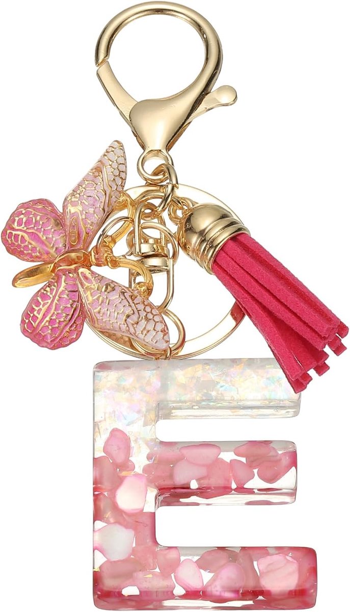 Eerste letter sleutelhanger, vlinder kwastje sleutelhanger schattige bedel alfabet letter E voor vrouwen meisjes handtas rugzak (rood-roze, 1 stuks)