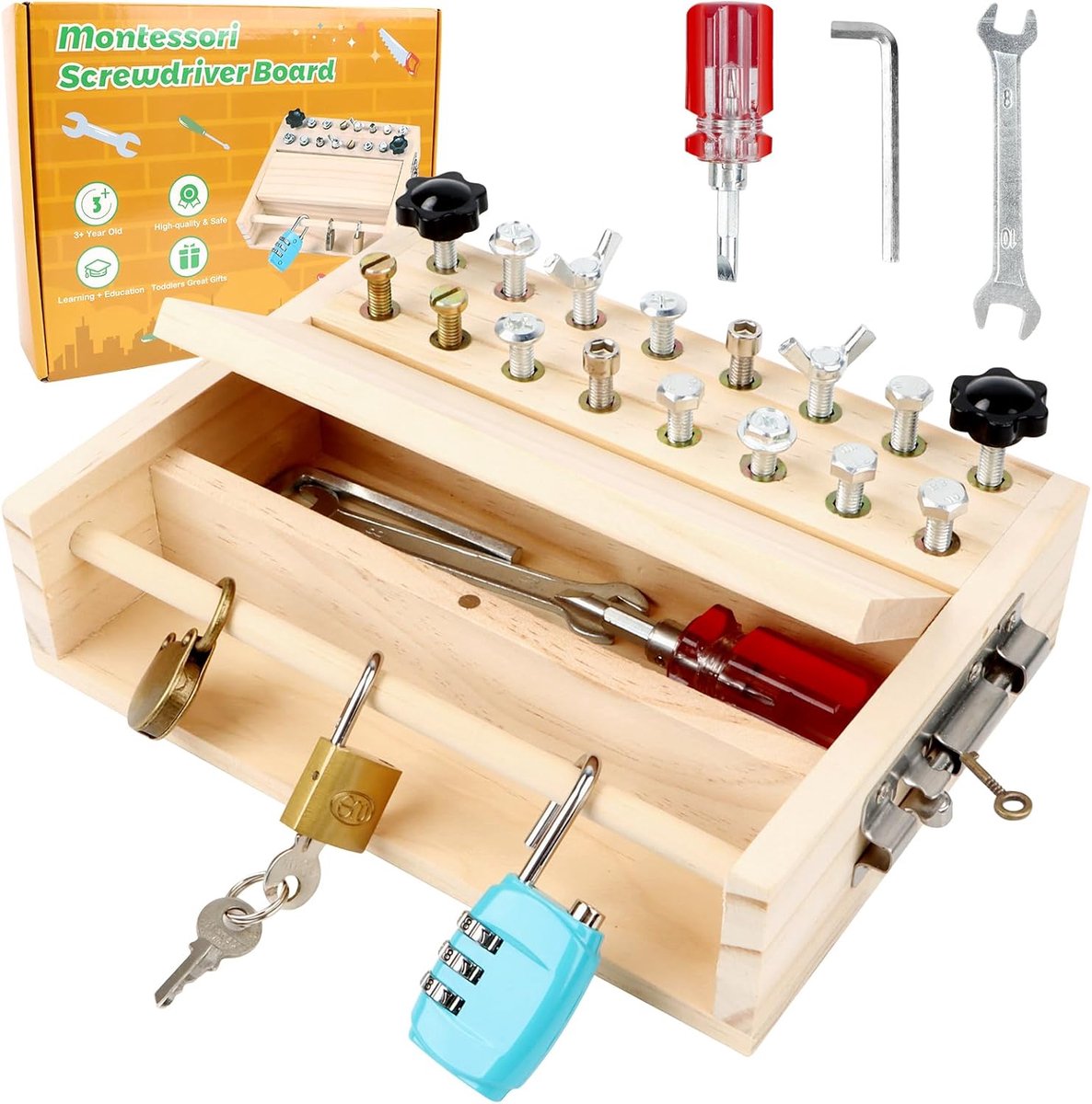 Schroevendraaier Bord Set, Motoriekspeelgoed Houten Speelgoed Schroevendraaier Bord, Busy Board met Sleutel en Slot, Fijne Motoriek Sensorisch Leerspeelgoed 4 5 jaar
