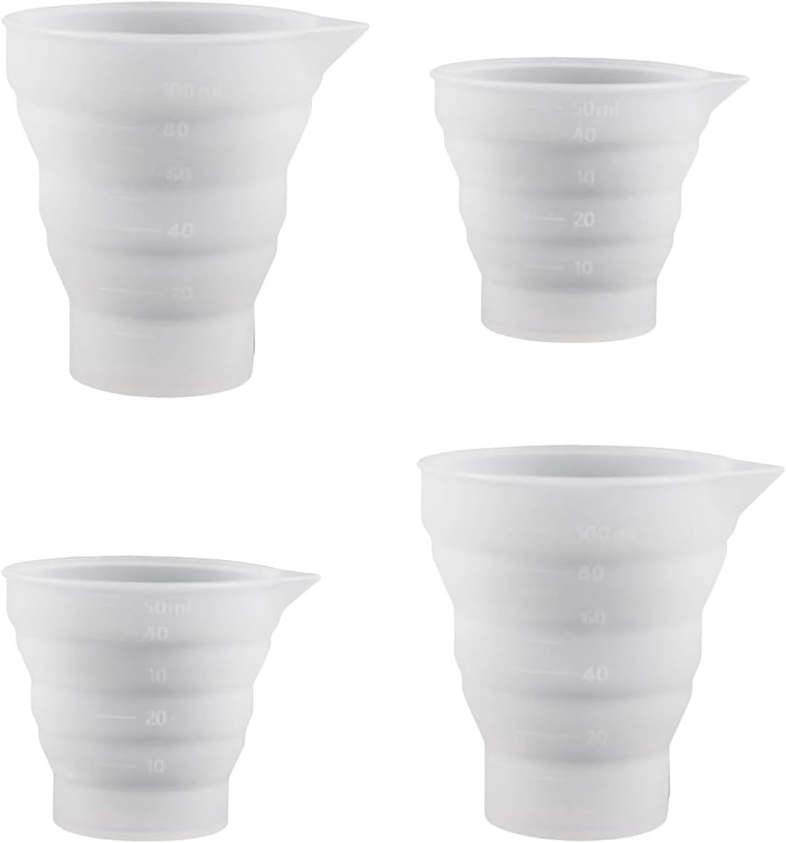 Set van 4 opvouwbare siliconen doseerbekers voor wasmiddel (2 x 50 ml + 2 x 100 ml) met schaalverdeling voor vloeibaar wasmiddel, wasverzachter en thuisgebruik