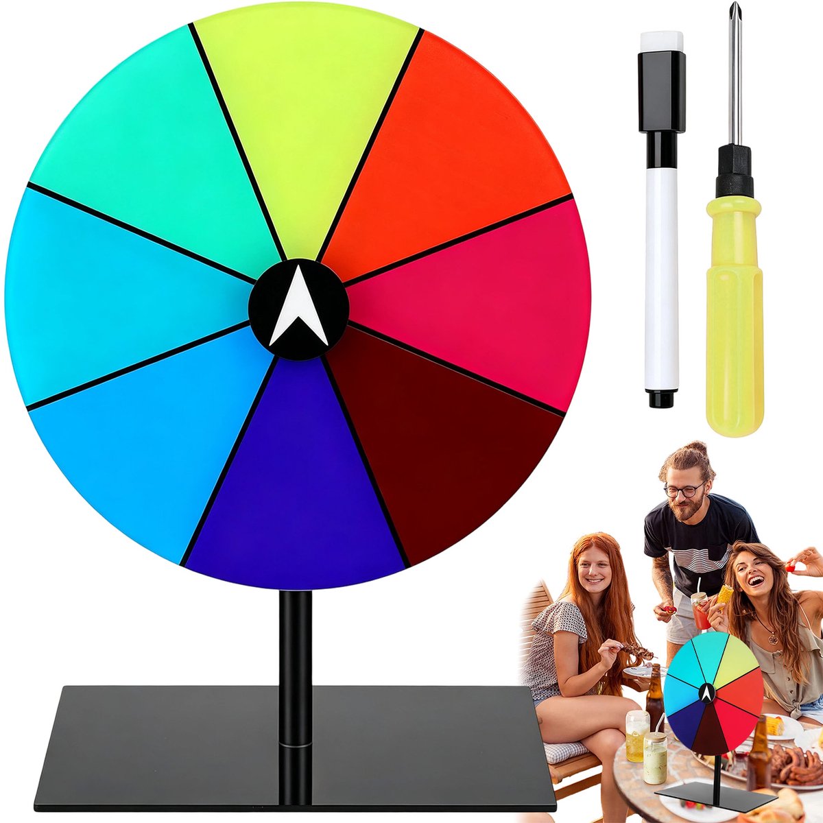 Rad van Fortuin - Draaiwiel 20 cm - Draairad met 8 schrijfvakken - Uitwisbaar - Gezelschapsspel - Stabiele Voet - Inclusief Whiteboardstift & Schroevendraaier - Voor Feesten & Loterij & Promoties- Herbruikbaar