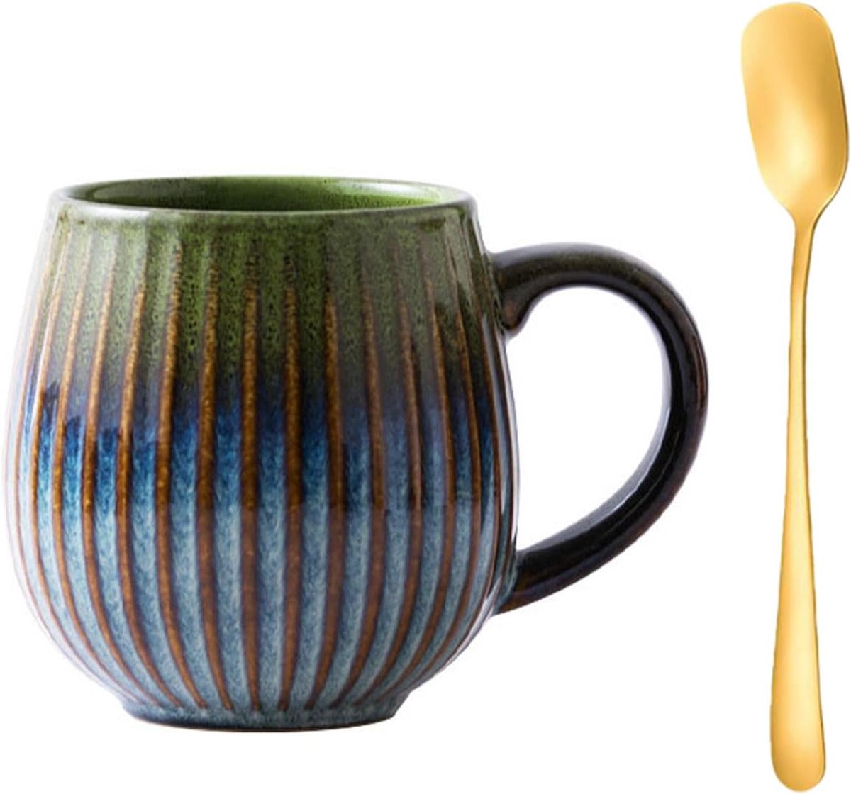 550 ml grote keramische mok, vintage email, gestreepte koffiekopjes, geschikt voor thuis en op kantoor, groen gearceerd