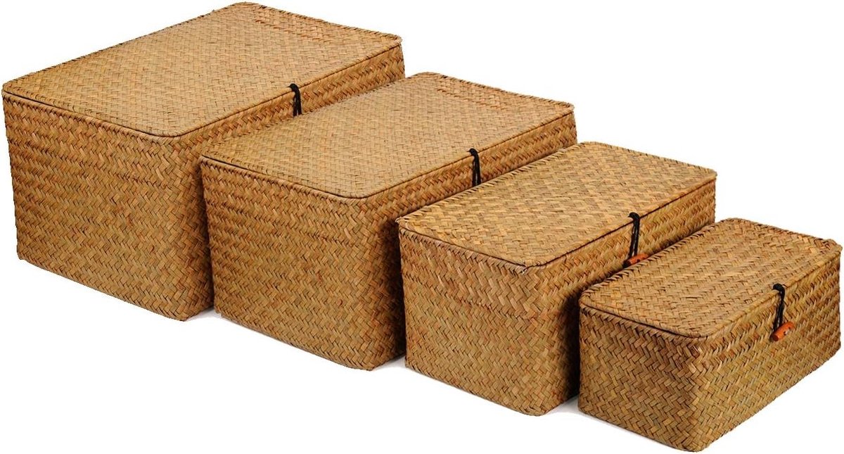 Rieten opbergmand - Bruin - 36 x 24 x 18 cm - Handgevlochten Zeegras - Voor Badkamer en Woonkamer
