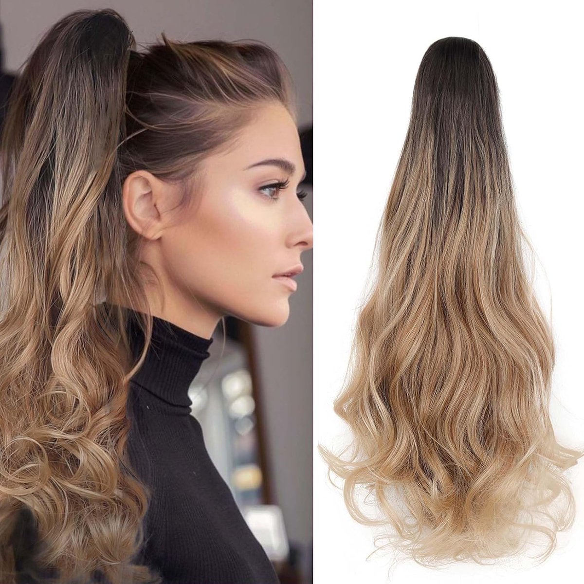 Clip in Paardenstaart Extensions Vlecht Haardeel 45cm Klauw Paardenstaart Haarverlenging zoals echt haar Golvend Krullend Kunsthaar Lang Haar Hittebestendig, Brons Ombre gemengd met Brons
