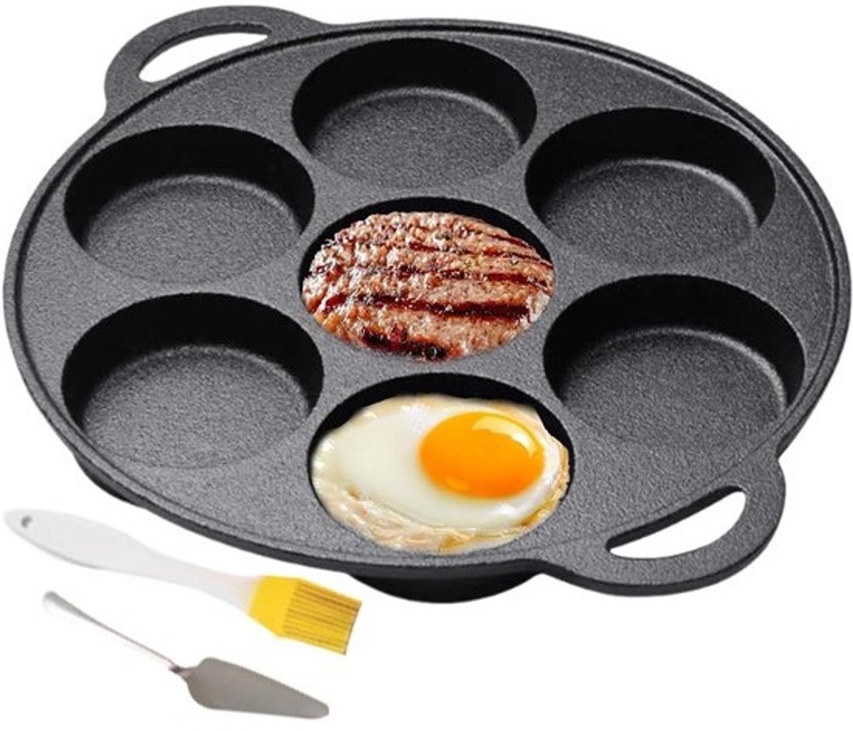 Gietijzeren pannenkoekenpan - Ontbijtpan 7 gaten - Ontbijt maken - Inclusief spatel borstel - 30.5 cm - Zwart
