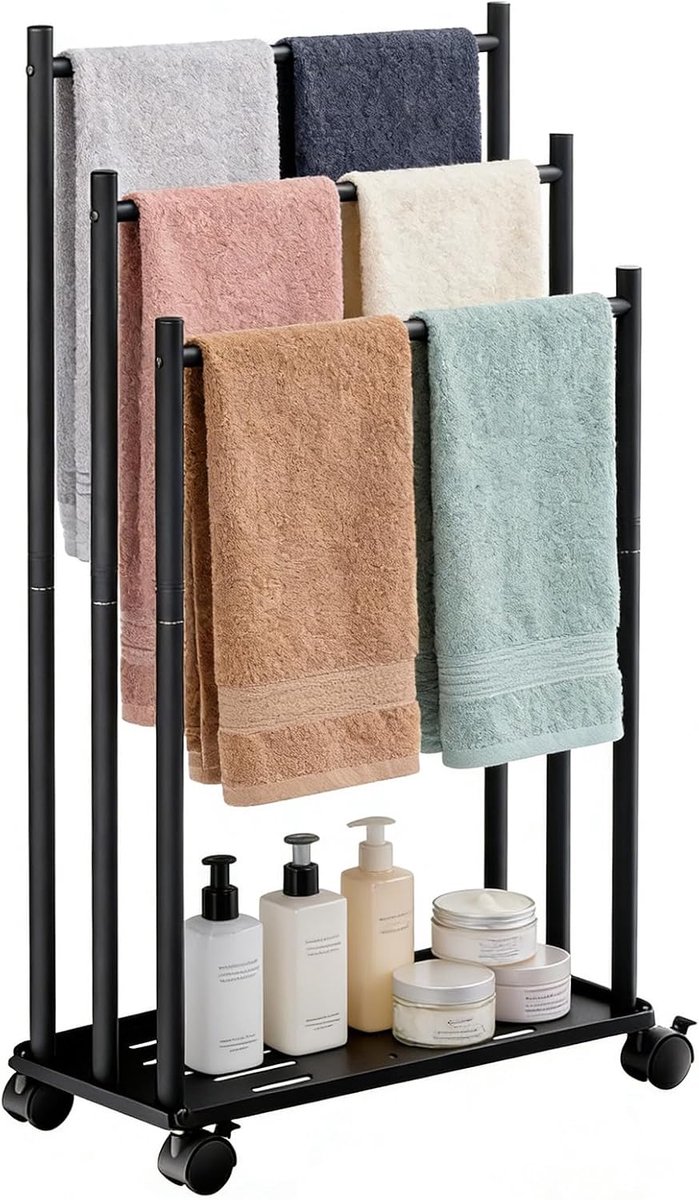 Handdoekhouder, staand met scrollwiel, 3-dierenorganizer voor badkamer, handdoekhouder, zwart van metaal, handdoekhouder zonder boren, badkamerorganizer voor badkamer, keuken en garderobe, gemakkelijk