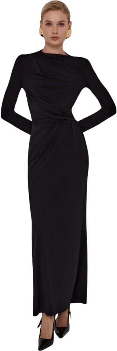 jurk voor dames, sexy, lange mouwen, maxi-jurk, nauwsluitend, ronde hals, elegant, partyjurk, avondjurk, bodycon, voor cocktail, bruiloft, herfst en winter