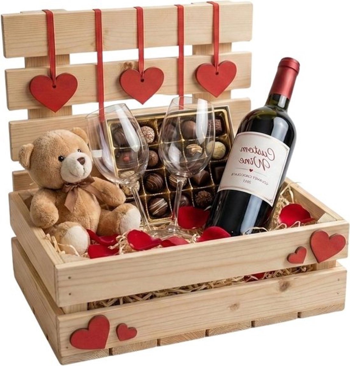 Houten Kist - Decoratieve Doos Geschenkdoos - Cadeau Presenteren - Met Rode Harten - 30 x 20 x 30 cm