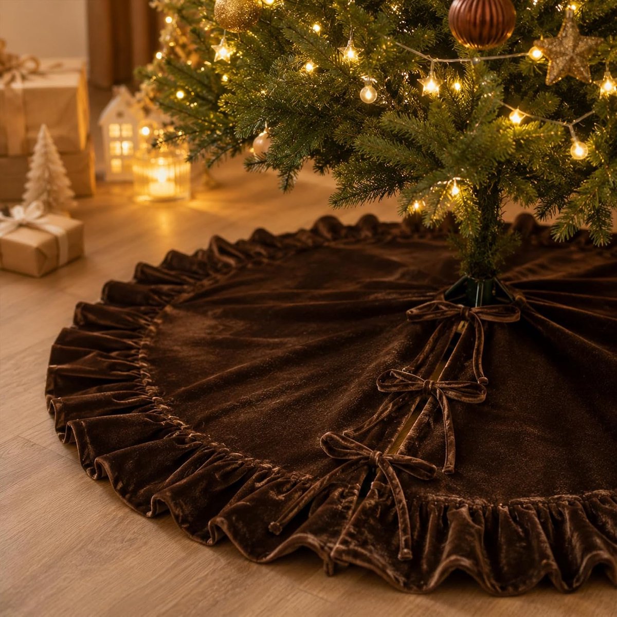 122 cm chocoladebruine kerstboomrok met ruches en grote elegante fluwelen kerstboomrok met geplooide rand en stropdassluiting, feestelijke boombasisbedekking voor thuis, vakantie en