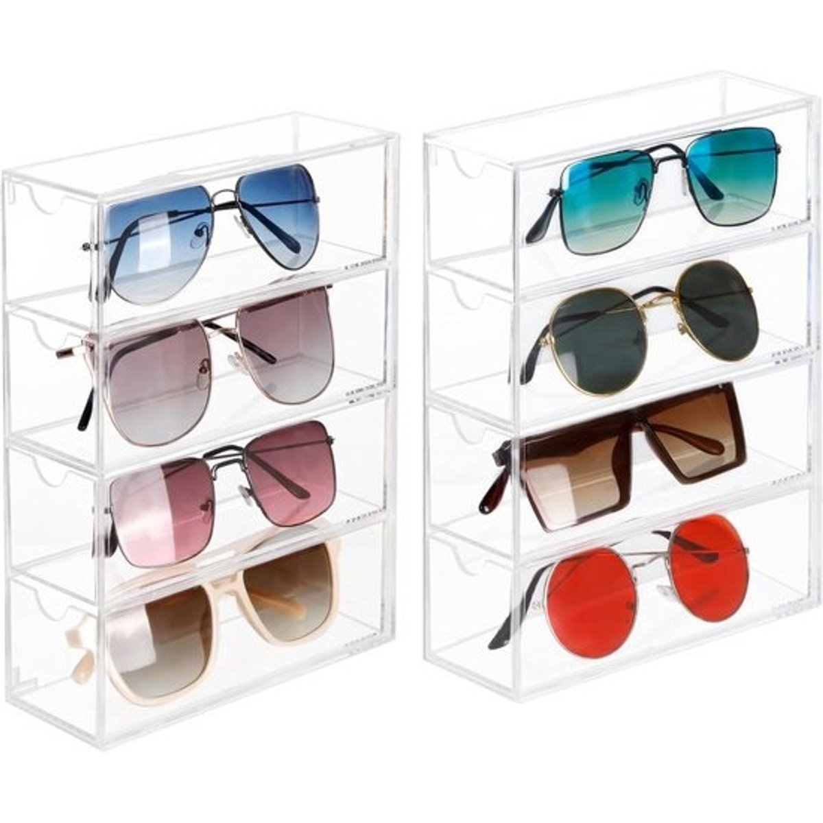 Zonnebril Organizer - Brillenhouder Set - Veilig Opbergen - 4 Lades Per Stuk - Set van 2 - Doorzichtig