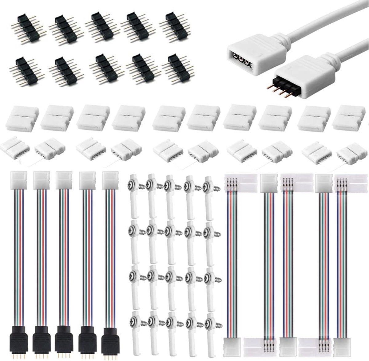 56 ledstrip-aansluitkit voor 5050 10 mm 4-pins, bevat 7 soorten soldeervrije ledstrip-accessoires, biedt de meeste onderdelen voor doe-het-zelvers (0,3 m verlengkabel)