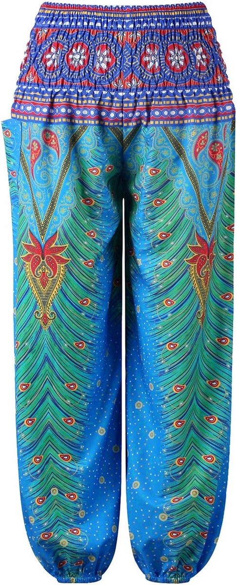 Lange hippiebroek voor meisjes, hippiebroek, bloemenpatroon, harembroek, Aladdinbroek, kinderharembroek, zomerbroek met zakken, maat 98-140, blauw, 116-128
