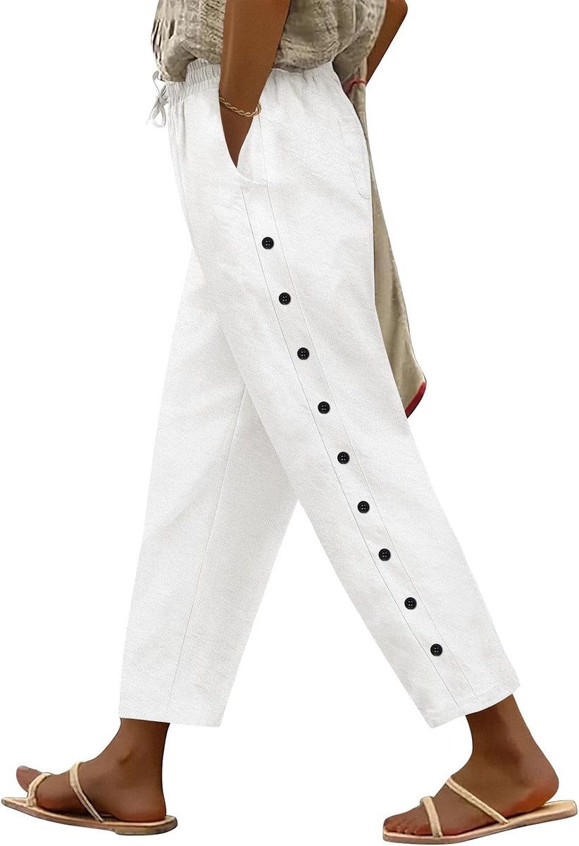 Zomerbroek voor dames, licht en luchtig, 7/8 Palazzo broek, zomer, stoffen broek, breed, katoen, vrijetijdsbroek, plissé, ruimvallend, met zakken en elastiek, voor vakantie, strand, werk