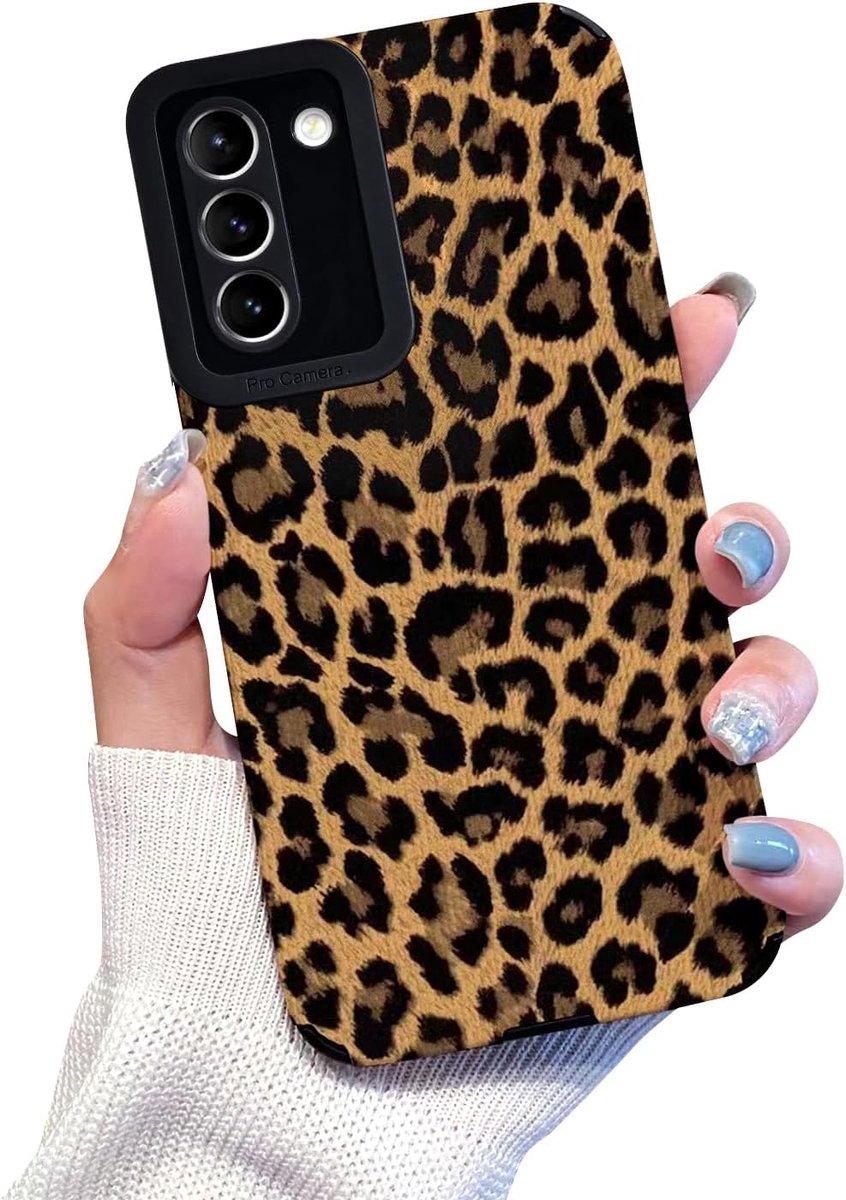 Hoes voor Samsung Galaxy S22, schattig bruin luipaardpatroon, esthetische telefoonhoes voor vrouwen en meisjes, zacht leren siliconen beschermhoes voor Samsung S22, zwart