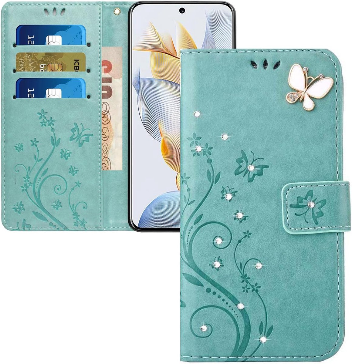 Hoesje voor Samsung Galaxy A55 5G, Galaxy A55 5G, PU-leer, met diamanten, glitter, vlinder, bloem, reliëf, portemonneehoesje, magnetische standaard en kaartsleuf, folio-hoesje voor Samsung