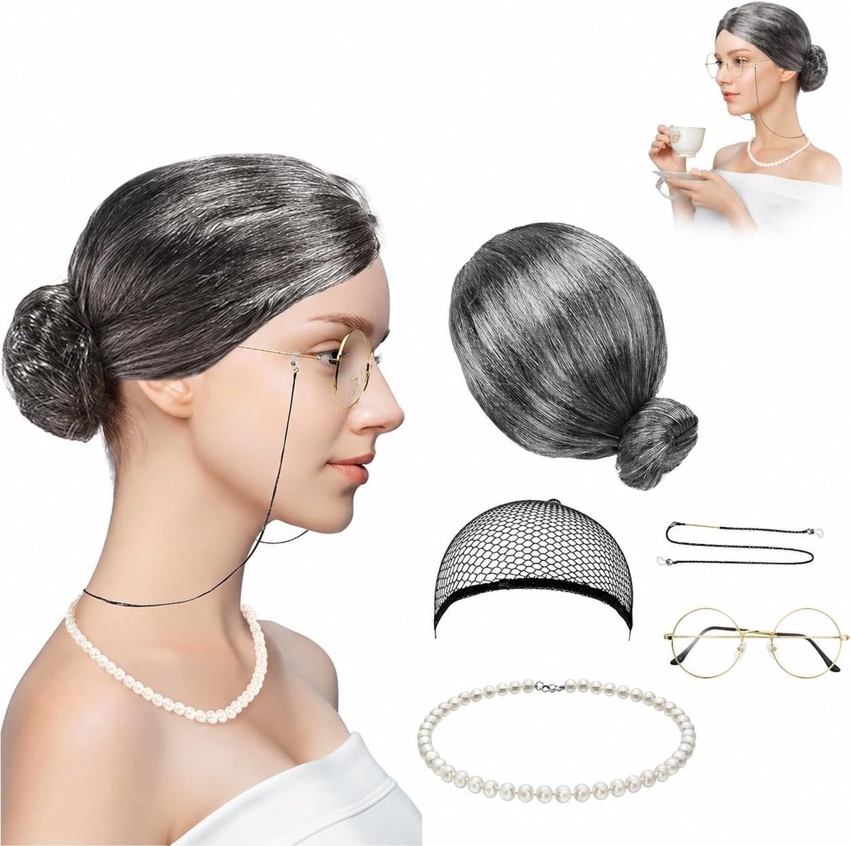 Oude Damespruikostuum Set – Complete Rolspel Kleding voor Halloween, Cosplay en Carnaval – Met Oma-Pruik, Bril, Faux Parels ketting, Armband en Oorbellen