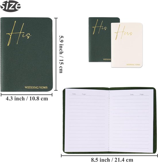 Gelofteboeken voor bruiloftsgeloften, boekje voor hem en haar, huwelijkscadeau, goudfolie, 12 pagina's (2 groen wit) — afbeelding 3