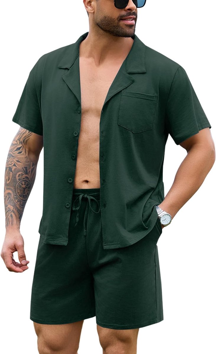 Herenpyjama-set met korte mouwen, geruite pyjama's, katoen, geruite loungewear, top en broek, 2-delige nachtkleding, nachtkleding klassiek met zakken