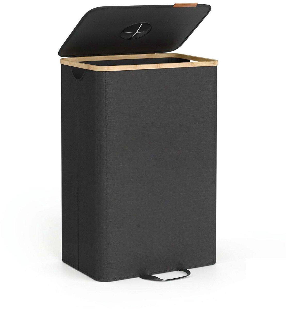 Keukenrecyclebak Flessenverzamelbak 42 x 32,5 x 70,5 cm Zwart Grote inhoud van 100 liter Met inwerpopening+afneembare binnenzak+stevig en duurzaam bamboe frame met deksel Opvouwbaar ontwerp voor ruimtebesparing Gemakkelijk te reinigen