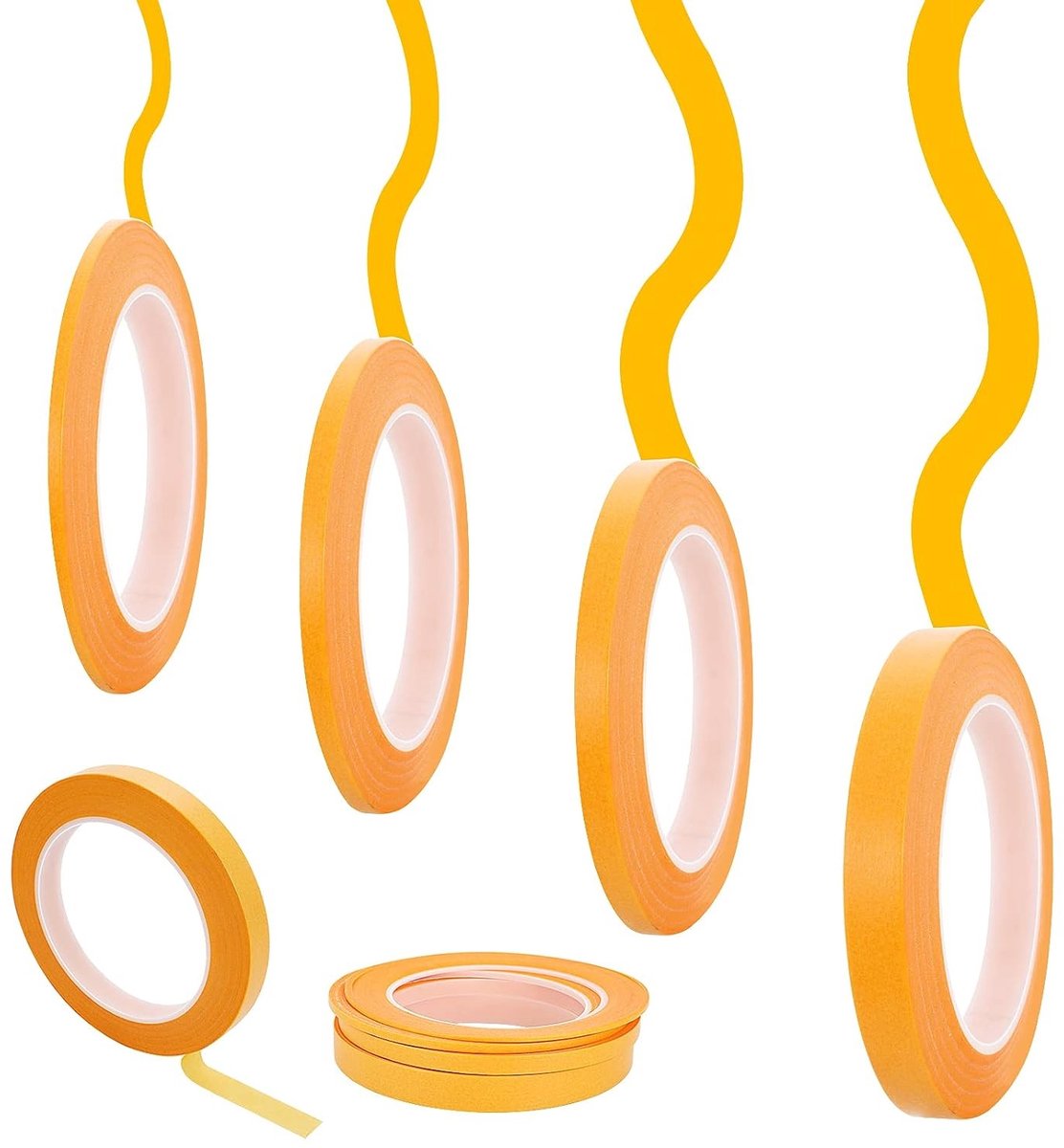 Fineline Masking Tape Set van 4 Rollen, 1/16, 1/8, 1/4 en 1/2 Inch Breed, Geel Plakband voor Schilderen, DIY Projecten en Auto Verf Kunst