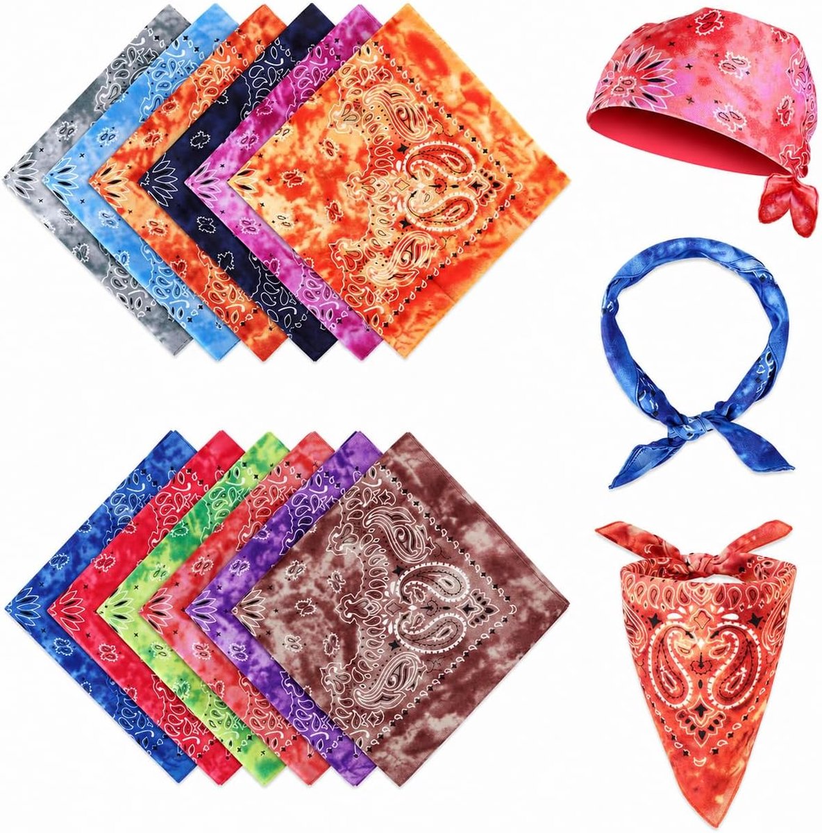 Bandana voor dames en heren, 12 stuks, 54 x 54 cm, hoofddoek, halsdoek van polyester, paisley-doeken, haardoek, meerkleurige uniseks set voor hoofd, hals, haar, sport, festival en dagelijks