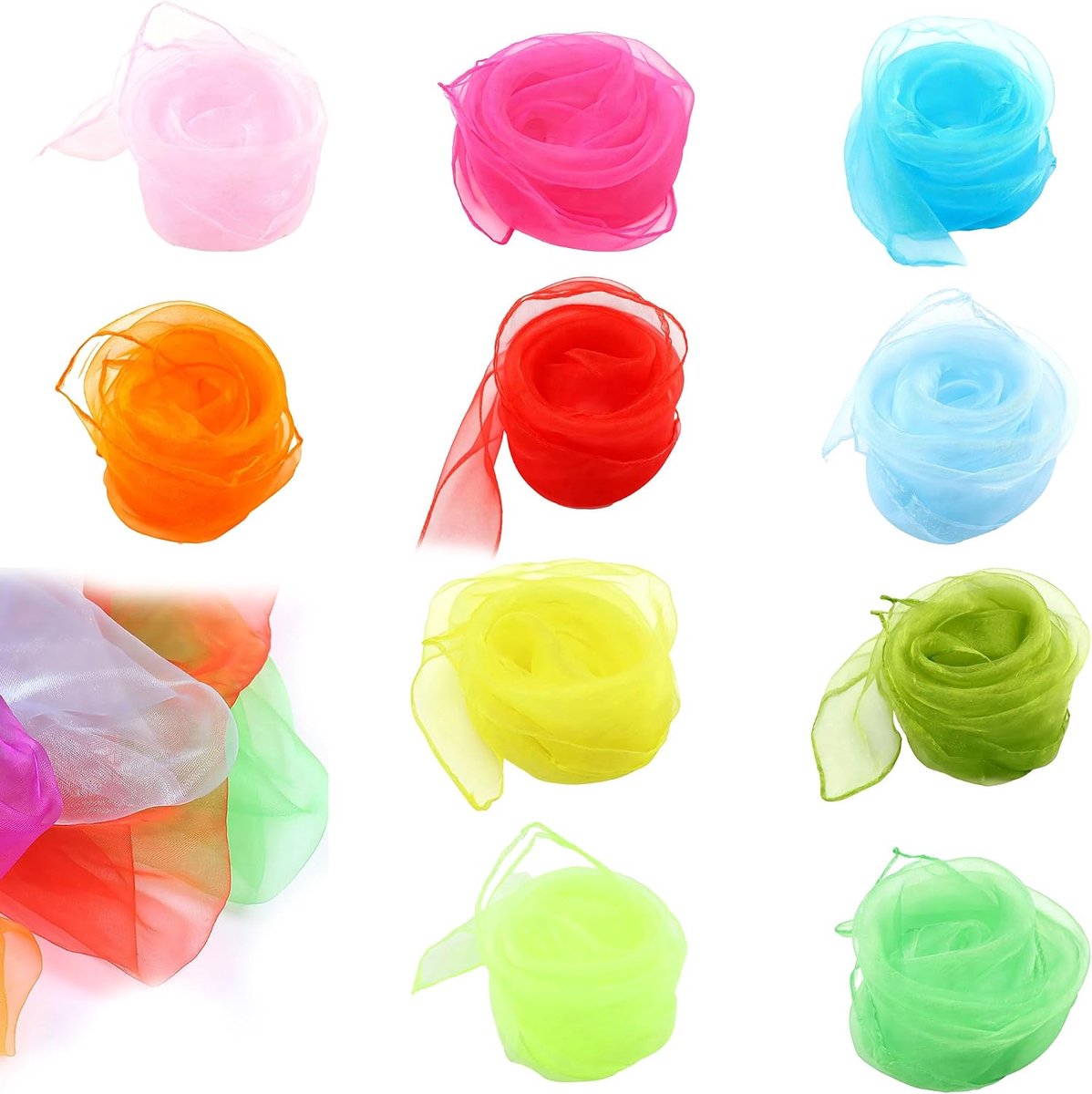 Sjaals van chiffon, 10 levendige kleuren, voor optredens, zintuiglijke activiteiten en podiumdecoratie (60 x 60 cm)