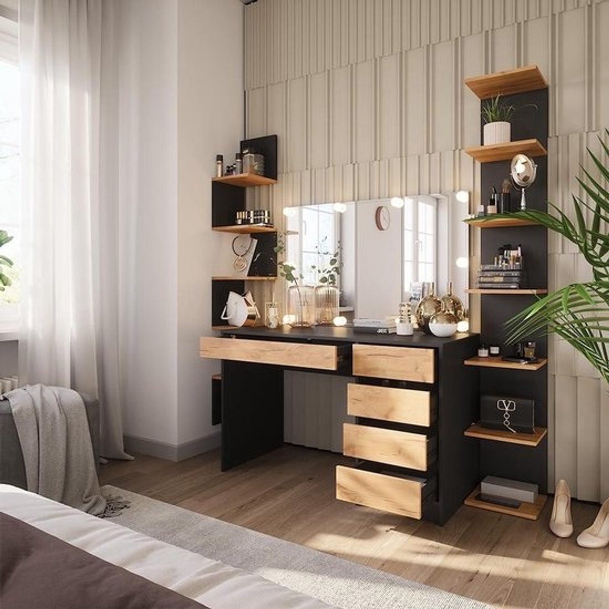 Kaptafel met Spiegel - Cosmeticatafel Schminktafel - Make-up Aanbrengen - Vijf Ruime Lades - 120 x 55 cm