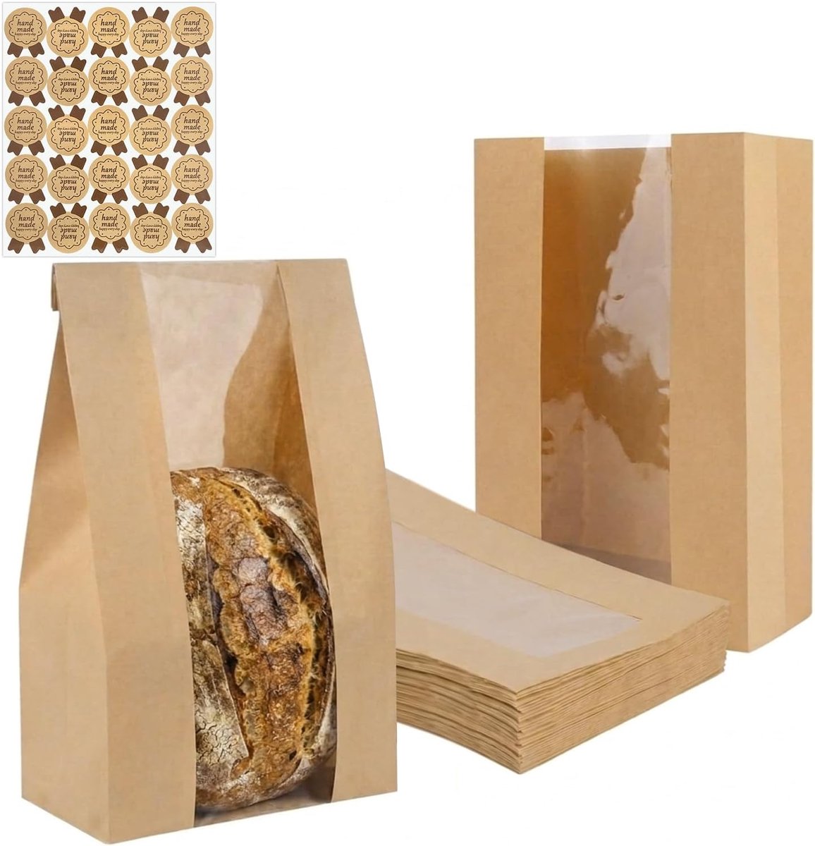 Broodzakken Met Venster, 20 Stuks, 33 x 16 x 11 cm, Vetvrij Kraftpapier, Bakkerijzakken voor Zelfgebakken Brood, Gebak en Sandwiches
