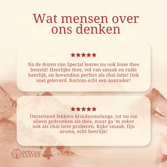 Twee witte kaarten met tekst en sterrenbeoordelingen, over thee van Special Leaves.