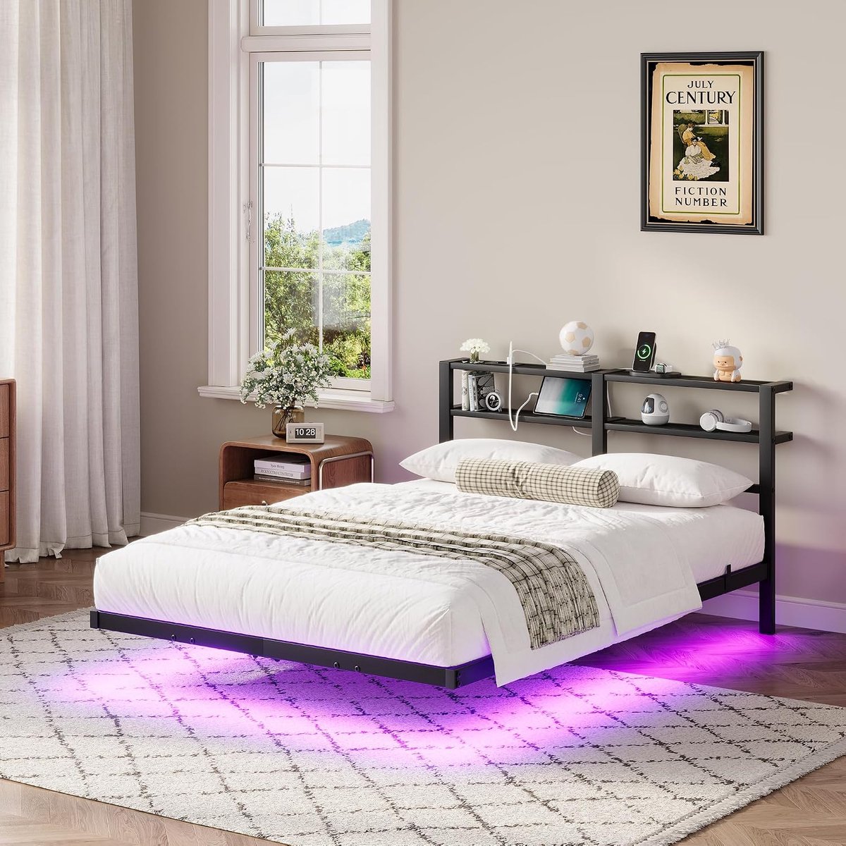 140 x 200 cm metalen zweefbed met ledverlichting, USB-laadstation en hoofdbord met dubbele opbergplank, zwaar stalen frame, geruisloos, zwart