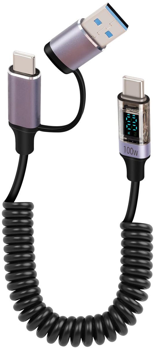 Image of 100 W 2-in-1 snellaadkabel, USB A naar USB C, spiraal met led-display, ondersteuning voor tablet-pc's, telefoons