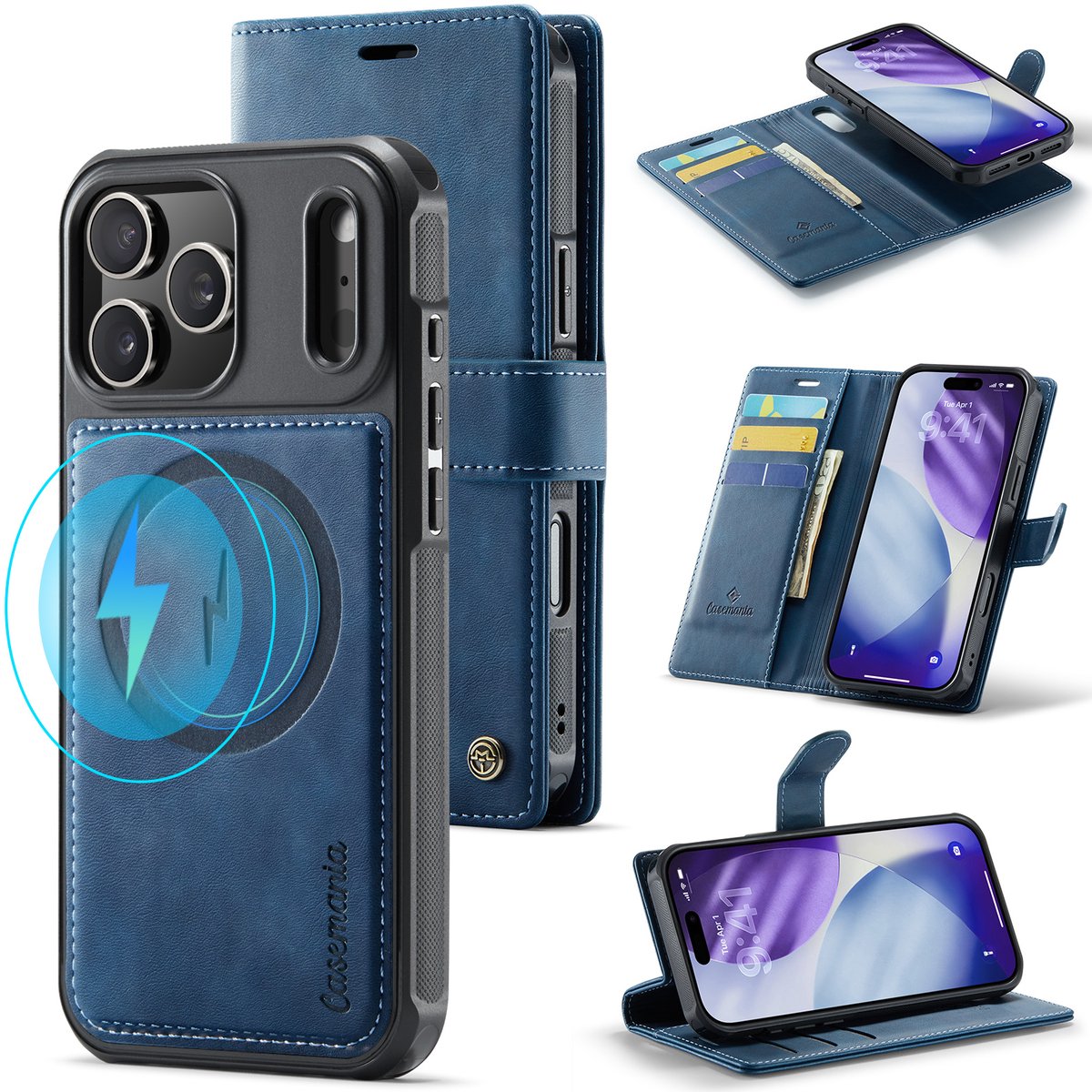 Casemania Hoesje Geschikt voor Apple iPhone 18 Pro - Navy Blue - Geschikt voor MagSafe - Luxe Kunstleer 2 in 1 Afneembare Bookcase - Magnetische Telefoonhoesje met Pasjeshouder en Standaardfunctie