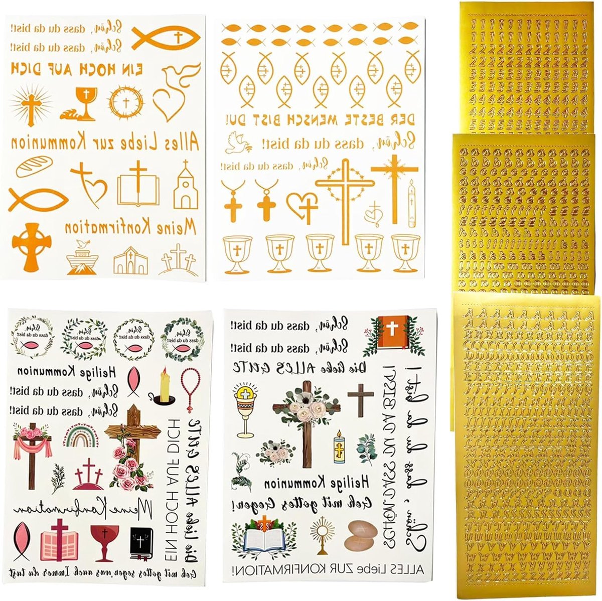 4 vellen watertatoeages voor kaarsen + 3 vellen letters en cijfers, personalisatie van naam, data en wensen, perfect voor doop, communie, vormsel, doe-het-zelf religieus geschenk